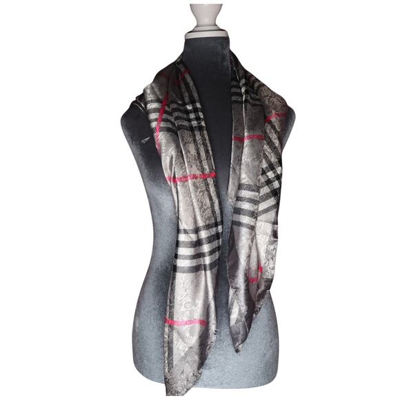 Silver & Pink Plaid Satin Scarf 35" Square Medium EUC Preppy Multifunction - Picture 2 of 11